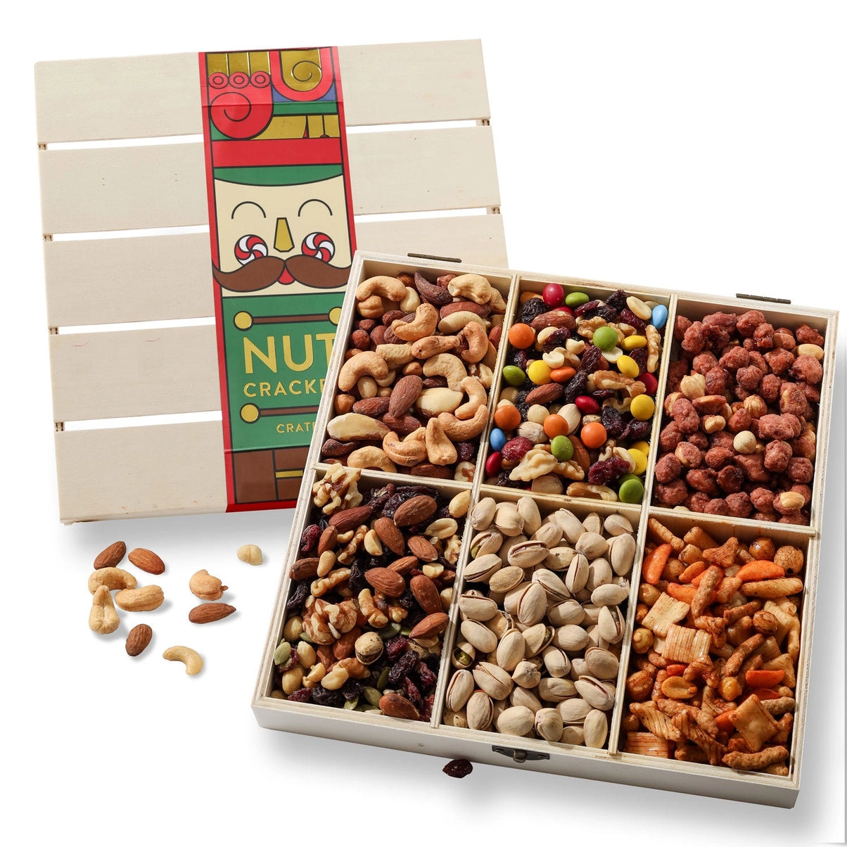 Thanksgiving Gift – Gourmet Nut Crate with 6 Compartments of Sweet & Savory Snacks