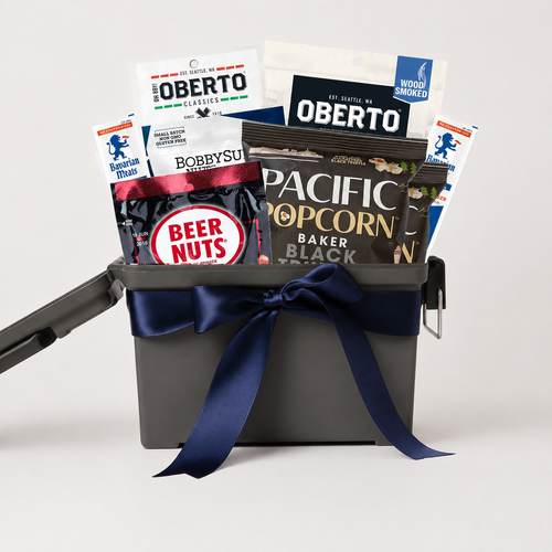 Savory snack gift basket with jerky, black truffle popcorn and nuts in reusable gray keepsake box