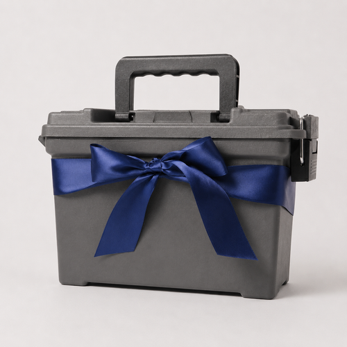 Reusable gray keepsake gift box with navy satin bow for corporate and special occasion gifting