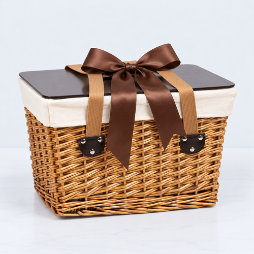 A rectangular wicker gift basket with a dark lid, cream fabric lining, and a large brown satin ribbon tied in a bow with tan straps and black metal hardware, shown on a light gray background.